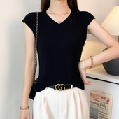 t恤女夏季 修身 吊带背心显瘦打底衫 螺纹V领短袖 百搭飞飞袖 设计上衣