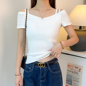 白色一字肩V领短袖 百搭显瘦露肩上衣潮 露锁骨打底衫 t恤女夏季 修身