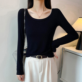黑色螺纹圆领长袖 内搭u领显瘦上衣潮 打底衫 t恤女春秋2025新款 修身