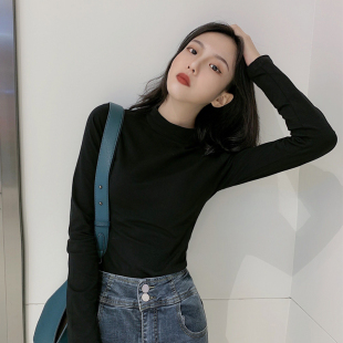 内搭百搭小衫 2021秋季 纯棉上衣半高领修身 t恤女打底衫 薄 黑色长袖