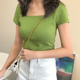 牛油果绿色短袖t恤女夏季方领法式露锁骨上衣纯棉修身打底衫内搭