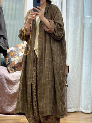 疯子张设计师款西装领大格纹中长亚麻风衣女文艺大气厚外套长衫