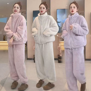 珊瑚绒睡衣女款2025新款加厚可外穿秋冬纯色流行保暖家居服套装