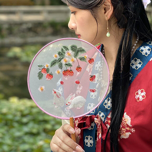 团扇夏天双面刺绣古风苏绣汉服旗袍古装 儿童中国风苏州舞蹈圆扇子
