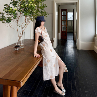 轻酵洗亚麻棉刺绣连衣裙2026法式 直筒长裙 布朗尼慕斯 heidy海蒂