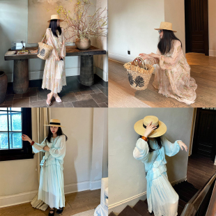 连衣裙双色水墨印花长裙 人丝长袖 heidy海蒂 春夏新品