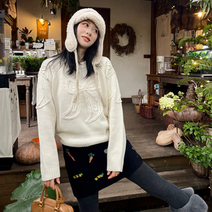 heidy海蒂 厚上衣 手工蝴蝶结白色毛衣重工韩系粗针刺绣圆领针织衫