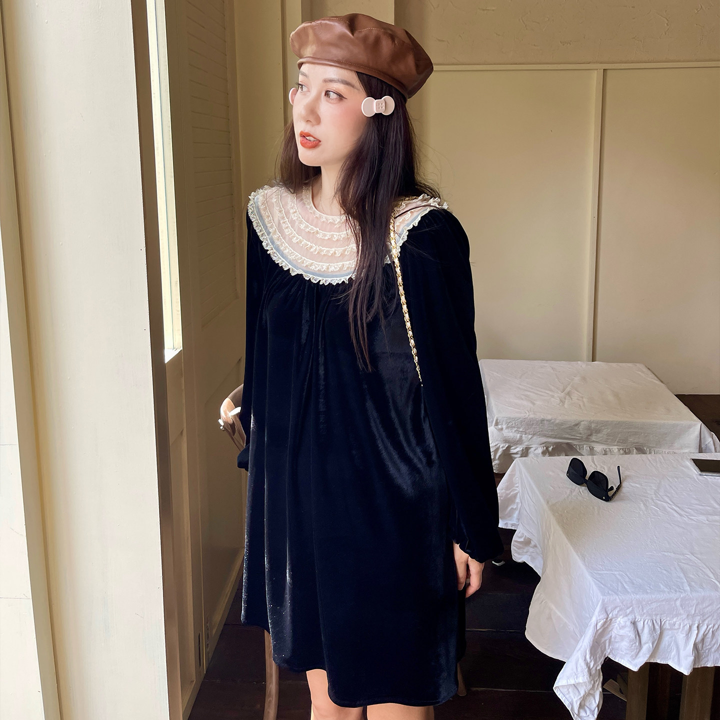 heidy海蒂 低奢密语 进口黑金丝绒蕾丝拼接长袖连衣裙系腰带裙子