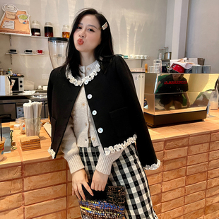 修身 黑色荷叶边长袖 毛呢外套女2025秋冬 慕尼黑之夜 heidy海蒂