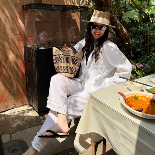 女夏日9分亚麻裤 老钱风亚麻棉蕾丝防晒衬衫 女 丛林日记 heidy海蒂