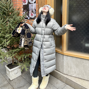 heidy海蒂 90白鹅绒填充小众设计感斜门襟高腰抽皱灰色长款羽绒服