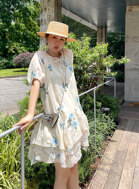 heidy海蒂 重工刺绣双层蕾丝贴片连衣裙100苎麻连双层裙摆娃娃裙