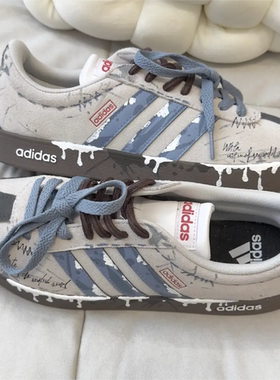 球鞋定制 Adidas neo VL 富士山下做旧复古蓝白低帮百搭男女板鞋