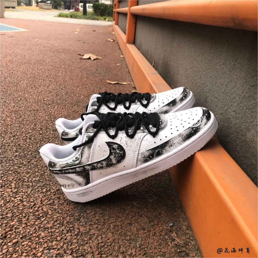 球鞋定制 Nike Court Vision 哥特黑暗幽影骑士泼墨低帮男女板鞋