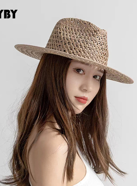 夏季时尚百搭镂空透气草帽女英伦复古防晒遮阳帽子海边度假沙滩帽