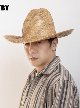 2025新款时尚百搭休闲出行户外遮阳男士草帽卷边大沿爵士牛仔帽子