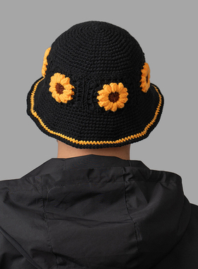 DABOE日系复古向日癸手工钩针毛线帽泫雅风花朵渔夫帽保暖显瘦