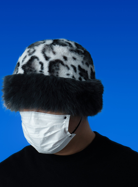 DABOE日系复古豹纹毛绒蒙古帽男女冬保暖仿皮草护耳帽套头瓜皮帽