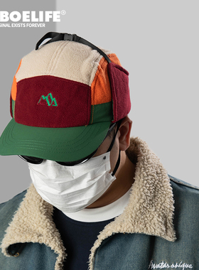 DABOE秋冬登山刺绣毛绒雷锋帽复古护耳帽男女滑板骑行拼接遮阳帽