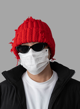 DABOE原创新年红色毛线帽手工编织男女百搭贺岁大头围遮脸冷帽