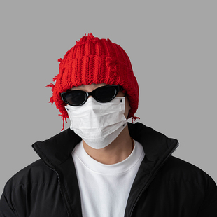 DABOE原创新年红色毛线帽手工编织男女百搭贺岁大头围遮脸冷帽