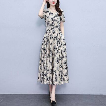优雅中老年大码女装印花连衣裙显瘦收腰长款裙子夏季新款妈妈装