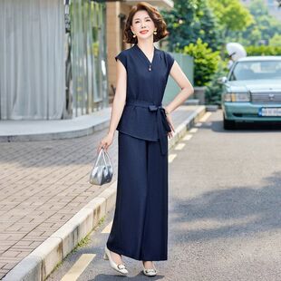 优雅中老年女士无袖紫色套装阔腿裤显瘦两件套夏装时尚百搭连衣裙