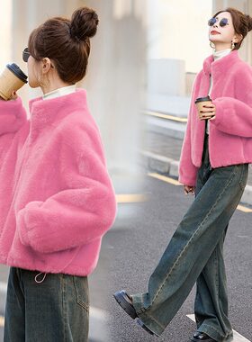 短款小香风毛绒水貂外套女冬季气质今年流行显瘦皮毛一体环保皮草