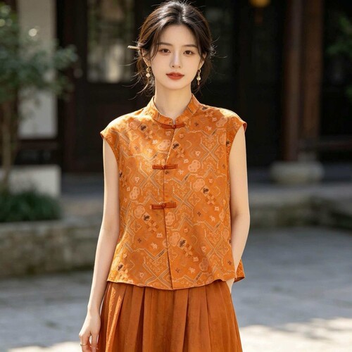 清莨西子新中式国风棉服马甲女立领短款外搭冬桑蚕丝棉袄马夹