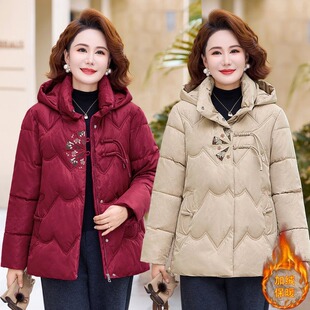 中老年女士冬季加绒保暖连帽棉服宽松大码外套妈妈装新款时尚绣花