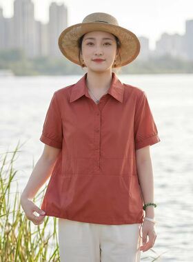 纯色拼接短袖衬衫女士2026夏季新款宽松遮肚减龄妈妈装翻领衬衣潮