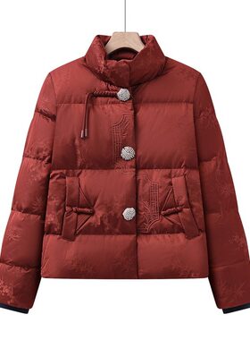 中老年女士红色中式立领棉服冬季保暖加厚外套大码宽松设计