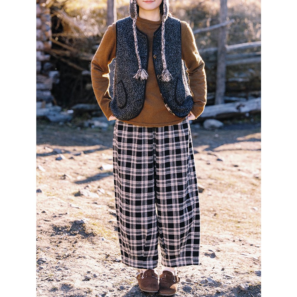 格子毛呢裤古苔50羊毛保暖长裤子