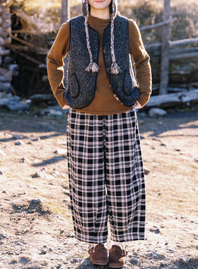 古苔 格子毛呢裤 黑白经典休闲裤 宽松显瘦松弛感50羊毛保暖长裤