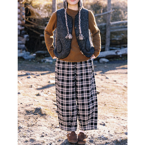 格子毛呢裤古苔50羊毛保暖长裤子