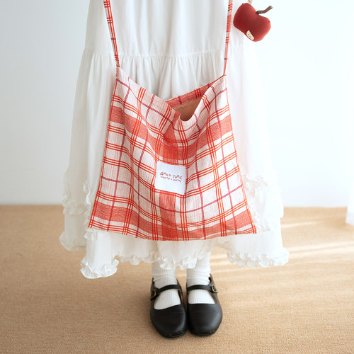 古苔复古棉麻红色格子单肩斜挎包