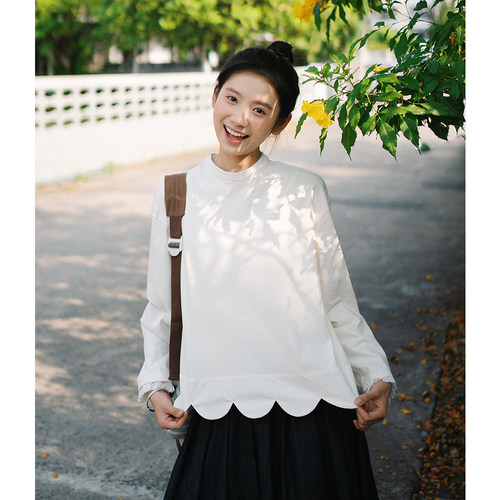 花瓣边长袖T恤古苔小立领不勒脖