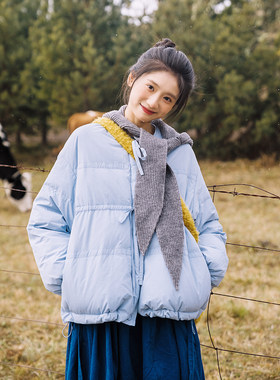 古苔蓝色羽绒服短款100白鸭绒女