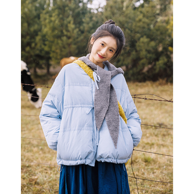 古苔蓝色羽绒服短款100白鸭绒女