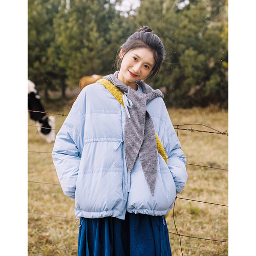 古苔蓝色羽绒服短款100白鸭绒女