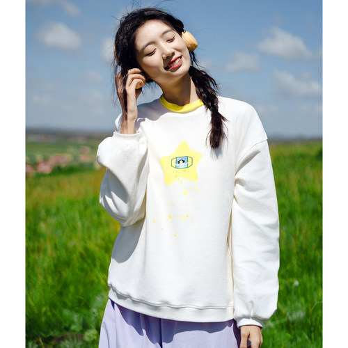 古苔「十周年星星系列」白色原创插画印花卫衣 超舒服手感上衣女