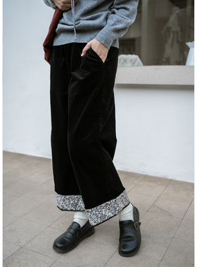 古苔 灯芯绒直筒裤 高品质灯芯绒高腰显瘦好看的日系碎花拼接裤子