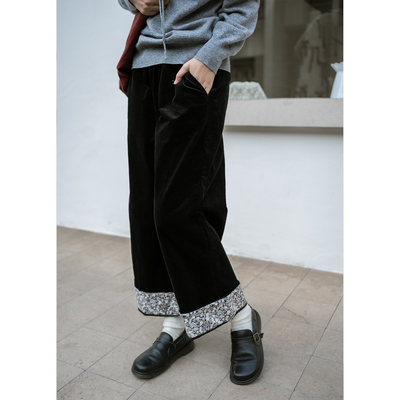 古苔好看的日系碎花灯芯绒直筒裤