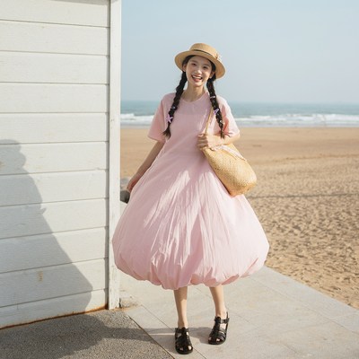 古苔粉色花苞气球连衣裙日系摆裙