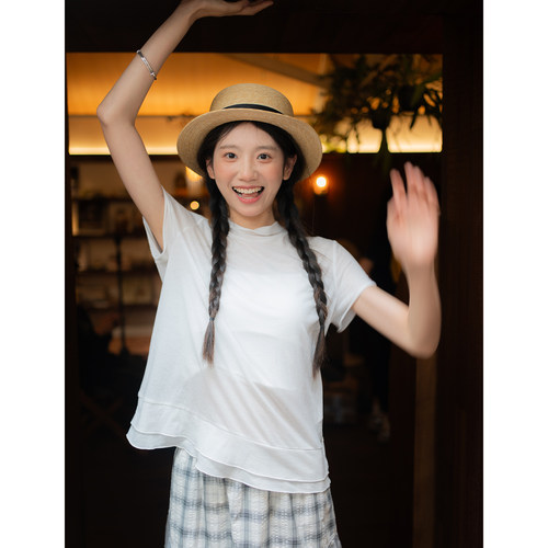 古苔夏季肤感薄款白色打底衫日系