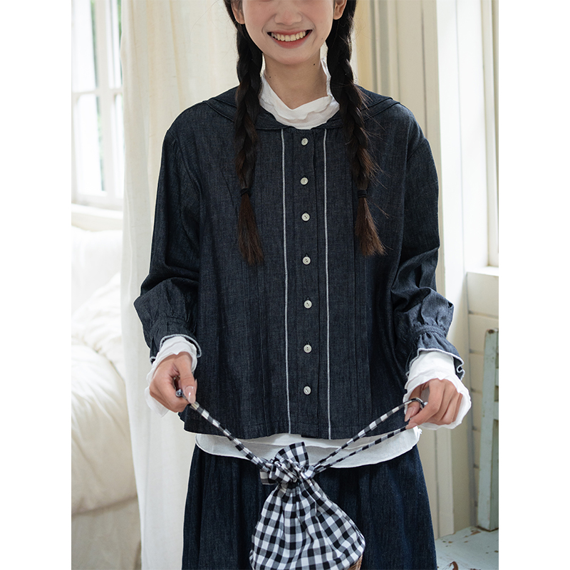 古苔精致日系双层元宝领牛仔衣