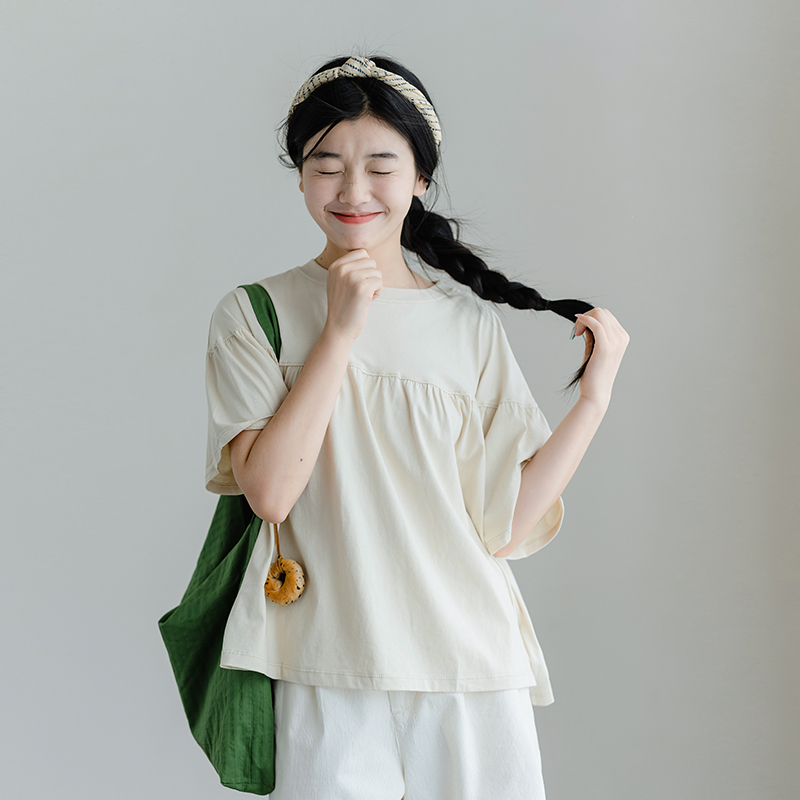 古苔夏季柠檬水色短袖T恤纯棉女