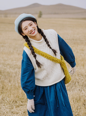 古苔50羊毛针织马甲 粗棒针手作感经典麻花图案 白色秋冬无袖马夹