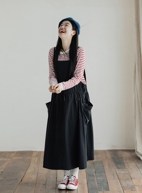 古苔 黑色山系吊带连衣裙 新疆长绒棉学院风工装收腰显瘦裙子女