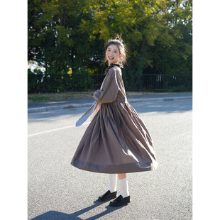 古苔 森系感连衣裙 棕色蕾丝100棉超软双层荷叶领春季日系小裙子